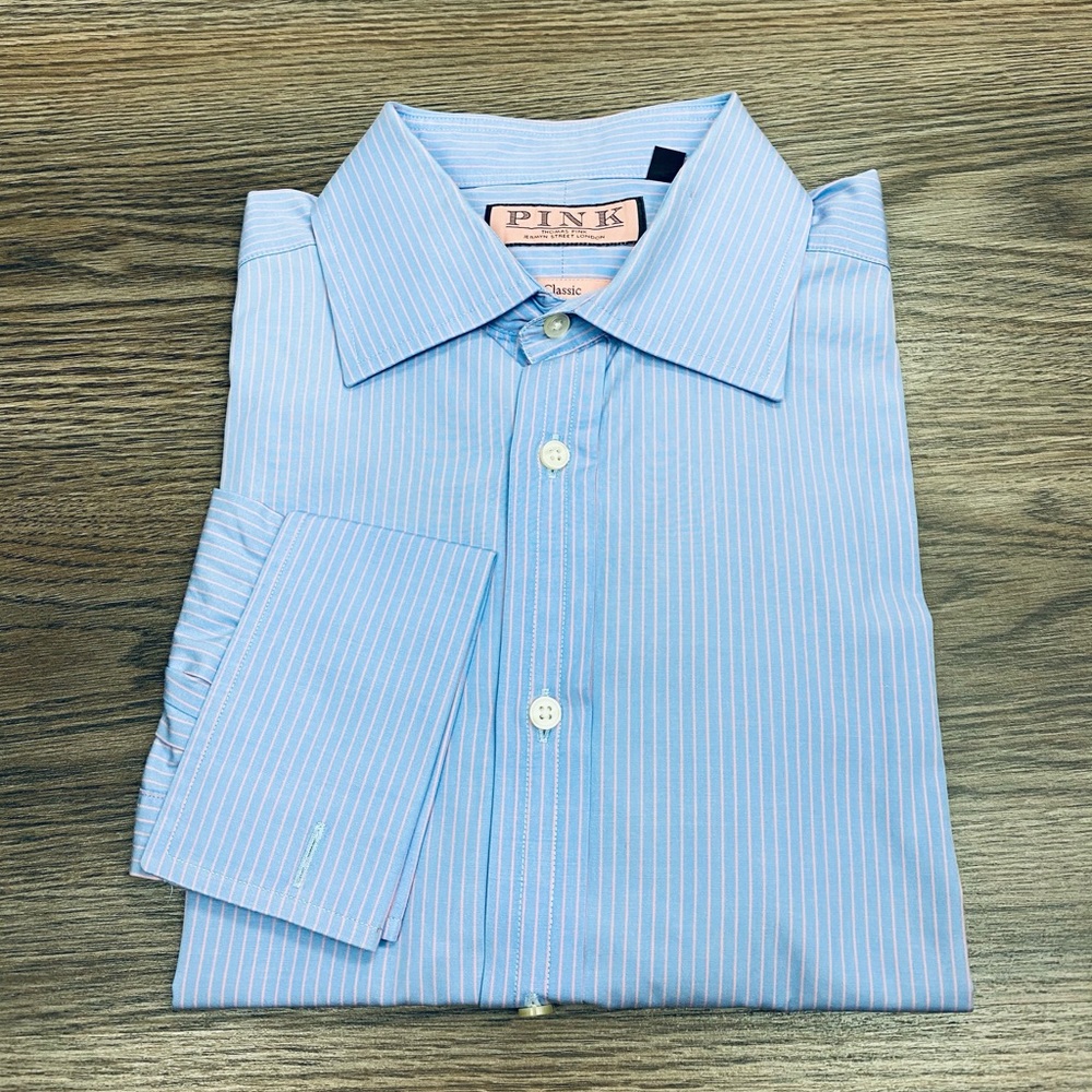 Thomas Pink Blue Stripe French Cuff Shirt 16.5